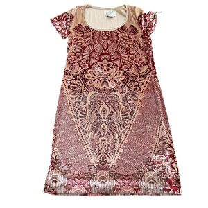 Lucky Brand Womens XS Velvet Burnout Dress Burgundy Gold Floral Short Sleeve‎